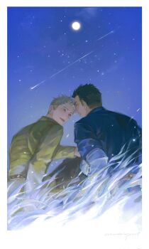 Rule 34 | 2boys, blonde hair, blue eyes, blue shirt, border, brown hair, chinese commentary, commentary request, full moon, grass, hand on another's knee, hans capon, henry of skalitz, highres, kingdom come: deliverance ii, long sleeves, looking at another, male focus, moon, mountainpiont, multiple boys, open mouth, outdoors, shirt, shooting star, sideburns, sitting, sky, star (sky), starry sky, teeth, upper teeth only, white border, yaoi, yellow shirt