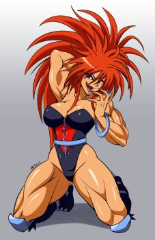 1girl absurdres amazon artist_name belt bracelet breakers breasts claws cleavage fangs highres jewelry large_breasts leotard licking licking_finger mergeritter muscular muscular_arms muscular_female muscular_legs red_eyes red_hair rila_estancia signature thick_thighs thighs tongue tongue_out wide_hips