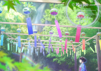 1girl black_hair blue_kimono blurry blurry_background blurry_foreground commentary_request copyright_notice day depth_of_field from_side hair_bun japanese_clothes kimono kun52 nature original outdoors profile scenery school_uniform signature single_hair_bun solo summer tree upper_body water waterfall watermark wind_chime yukata