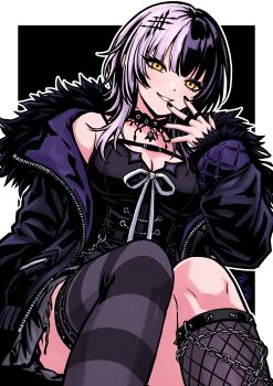 1girl absurdres asymmetrical_legwear belt black_background black_belt black_choker black_dress black_hair black_jacket black_nails border breasts chain chest_belt choker commentary dress feet_out_of_frame fishnet_socks fishnets fur-trimmed_jacket fur-trimmed_sleeves fur_trim grey_hair grin hair_ornament hand_up highres hololive hololive_english jacket jewelry large_breasts long_hair long_sleeves looking_at_viewer making-of_available mismatched_legwear multicolored_hair multiple_rings nail_polish off_shoulder open_clothes open_jacket outline outside_border pendant_choker re_plicante ring shiori_novella shiori_novella_(1st_costume) signature single_sock single_thighhigh sitting sleeveless sleeveless_dress smile socks solo spikes split-color_hair striped_clothes striped_thighhighs thighhighs two-tone_hair virtual_youtuber white_border white_outline yellow_eyes