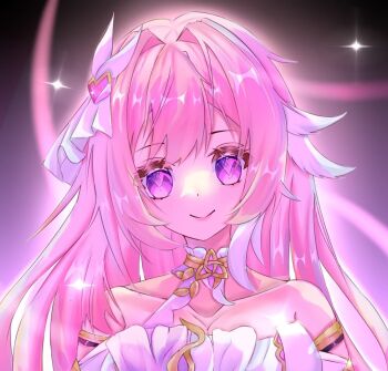 1girl bare_shoulders breasts chinese_commentary cleavage commentary_request corset diamond-shaped_pupils diamond_(shape) elysia_(herrscher_of_human:_ego)_(honkai_impact) elysia_(honkai_impact) hair_ornament honkai_(series) honkai_impact_3rd large_breasts long_hair looking_at_viewer multicolored_hair pink_hair purple_eyes smile solo symbol-shaped_pupils triquetra two-tone_hair upper_body very_long_hair white_corset white_hair yingjingxue90662
