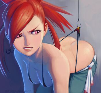 1girl ass bent_over bra breasts butt_crack cleavage crimson_kaiserin denim flannery_(pokemon) highres hook jeans nintendo pants pink_eyes pokemon pokemon_oras red_hair thong underwear wedgie