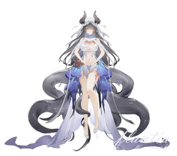 1girl absurdres artist_name bare_shoulders black_hair black_horns blue_dress body_horror chinese_commentary closed_mouth commentary_request dress expressionless eyes_on_body flantia full_body guro hair_between_eyes highres horns legs long_hair looking_at_viewer making-of_available multicolored_dress navel original red_eyes sample_watermark shoes sleeveless sleeveless_dress solo tachi-e tentacle_girl tentacles thigh_strap thighs torn_clothes torn_dress two-tone_dress veil watermark white_dress white_shoes white_veil