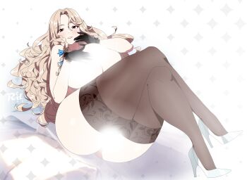 1girl artist_logo artist_name ass black_gloves blonde_hair blush breasts brown_eyes brown_thighhighs censored censored_nipples commentary crossed_legs frilled_gloves frills full_body gloves goddess_of_victory:_nikke hair_spread_out high_heels highres huge_breasts knees_up lace lace-trimmed_thighhighs lace_trim light_censor logo long_hair looking_at_viewer ludmilla_(nikke) ludmilla_(winter_owner)_(nikke) lying nude official_alternate_costume on_back parted_bangs parted_lips r3dfive shoes simple_background solo thick_thighs thighhighs thighs white_shoes