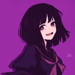 Rule 34 | 1girl, :d, absurdres, anna graem, arms at sides, black hair, black sailor collar, black shirt, blush, dated, highres, long bangs, long sleeves, looking at viewer, medium hair, neckerchief, open mouth, purple background, purple eyes, purple neckerchief, rnna, sailor collar, shirt, sidelocks, signature, simple background, smile, solo, upper body, va-11 hall-a