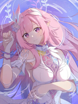 1girl bare_shoulders breasts cyrene_(honkai:_star_rail) cyrene_(ripples_of_past_reverie)_(honkai:_star_rail) diamond-shaped_pupils diamond_(shape) dress flower hair_flower hair_ornament halo highres honkai:_star_rail honkai_(series) large_breasts long_hair looking_at_viewer lying on_back partially_submerged pink_hair pointy_ears purple_eyes smile solo symbol-shaped_pupils turtleking water white_dress white_flower white_halo