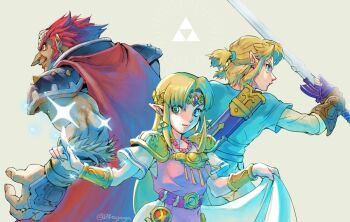 1girl 2boys aqua_tunic armor bead_necklace beads blonde_hair blue_eyes bracer cape circlet dress earrings ganondorf green_eyes hair_tie holding holding_sword holding_weapon jewelry link master_sword multiple_boys necklace nintendo parted_bangs parted_lips pink_dress ponytail princess_zelda red_cape red_hair sheath short_ponytail shoulder_armor sidelocks smile sparkle sword tassel the_legend_of_zelda the_legend_of_zelda:_a_link_between_worlds triforce tsuyuga tunic twitter_username upper_body weapon