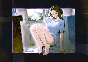 1girl absurdres barefoot bathroom blue_shirt breasts brown_hair chinese_commentary closed_mouth collarbone commentary_request full_body grey_eyes highres large_breasts legs looking_at_viewer medium_hair original pink_shorts renxzd shirt short_shorts short_sleeves shorts sitting solo t-shirt thighs toes window