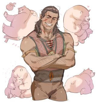 Rule 34 | 1boy, baldur's gate, baldur's gate 3, bara, bear, biceps, brown hair, brown pants, commentary, crossed arms, dungeons & dragons, dungeons &amp; dragons, english commentary, facial mark, grin, halsin, honey, honeypot, long hair, looking at viewer, male focus, multiple views, muscular, muscular male, pants, pointy ears, sleeveless, smile, tatsumi (psmhbpiuczn), white background