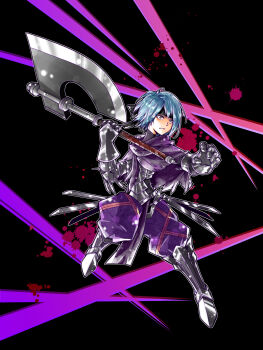Rule 34 | 1girl, absurdres, aqua hair, armor, armored boots, axe, beruka (fire emblem), black armor, black headband, boots, capelet, commentary, fire emblem, fire emblem fates, gauntlets, headband, highres, holding, holding axe, nintendo, pants, purple capelet, purple eyes, purple pants, short hair, solo, weapon, yuya (euky8335)