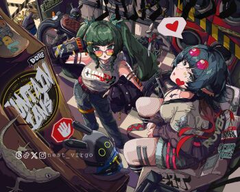 2girls alternate_costume artist_name blunt_bangs earrings eyewear_on_head green_eyes green_hair heart highres indoors jane_doe_(zenless_zone_zero) jewelry long_hair looking_at_viewer looking_up multicolored_hair multiple_girls nest_virgo qingyi_(zenless_zone_zero) red_hair salamander sidelocks sitting tail twintails two-tone_hair zenless_zone_zero