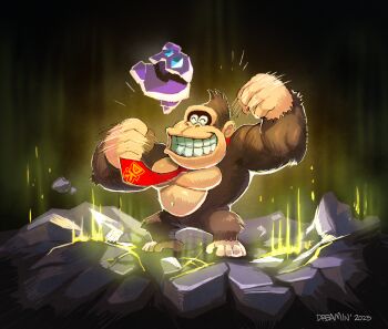Rule 34 | 1boy, 1other, cave, clenched hands, dated, donkey kong, donkey kong (series), donkey kong bananza, dreaminerryday, full body, glowing, grin, happy, highres, nintendo, odd rock, pectorals, rolling eyes, signature, smile
