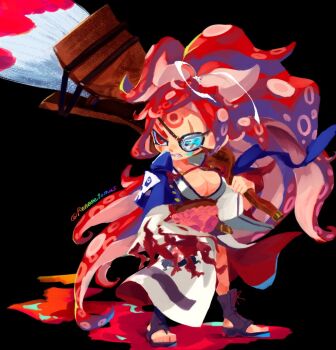 1girl amputee baiken big_hair breasts cleavage eyepatch facial_tattoo guilty_gear guilty_gear_strive inkling inkling_girl inkling_player_character japanese_clothes kimono large_breasts long_hair nintendo one-eyed open_clothes open_kimono paintbrush parody ponytail red_eyes reeeeetomasssss scar scar_across_eye scar_on_face splatoon_(series) style_parody tattoo tentacle_hair tsurime