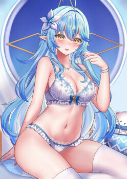 Rule 34 | 1girl, absurdres, ahoge, blue hair, blue nails, blush, bra, bracelet, braid, breasts, cleavage, collarbone, commentary request, cup, elf, fingernails, flower, hair between eyes, hair flower, hair ornament, highres, holding, holding cup, hololive, jewelry, large breasts, long hair, looking at viewer, nakuri (nakuri 12), navel, open mouth, panties, pointy ears, smile, solo, stomach, thighhighs, underwear, very long hair, virtual youtuber, white bra, white flower, white panties, white thighhighs, yukihana lamy