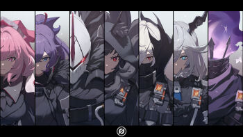 3boys 4girls absurdres animal_ears black_hair black_horns blue_eyes breasts commentary commentary_request dan_(zenless_zone_zero) english_commentary falkenhayn_mercenary_leader_(zenless_zone_zero) fire fox_ears fox_girl high_ponytail highres horns joyous_(zenless_zone_zero) large_breasts letterboxed long_hair mask military_uniform mixed-language_commentary multiple_boys multiple_girls odd_(hin_yari) pink_hair ponytail purple_eyes purple_fire purple_hair red_eyes scar scar_across_eye scar_on_face short_hair smile sunbringer_(zenless_zone_zero) swordmaster_(zenless_zone_zero) very_long_hair vike_(zenless_zone_zero) white_hair zenless_zone_zero