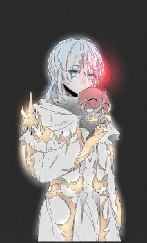 Rule 34 | 1boy, ascian glyph, black background, black gloves, blue eyes, claw ring, elidibus, ff14hioo oo7, final fantasy, final fantasy xiv, gloves, holding, holding mask, hood, hood down, hooded robe, long sleeves, looking at viewer, male focus, mask, medium hair, red mask, robe, simple background, solo, white hair, white robe