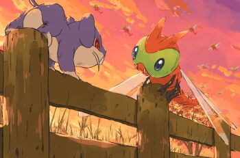 animal_focus aomon_(yuuji7604) buck_teeth bug dragonfly dragonfly_wings fence flying gen_1_pokemon gen_2_pokemon green_eyes highres insect insect_wings looking_at_another nintendo no_humans outdoors pink_sky pokemon pokemon_(creature) pokemon_focus rattata red_eyes sky tail teeth whiskers wings yanma