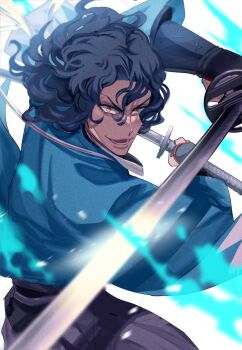 Rule 34 | 1boy, bevel, brown eyes, commentary request, fate/grand order, fate (series), grey hair, hakama, highres, holding, holding sword, holding weapon, japanese clothes, looking at viewer, male focus, open mouth, saitou hajime (fate), saitou hajime (third ascension) (fate), short hair, solo, sword, weapon, white background