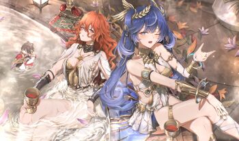 3girls absurdres ancient_greek_clothes arm_armor armor augusta_(wuthering_waves) bare_shoulders black_collar blue_eyes blue_hair blush breastplate breasts chalice collar commentary crossed_legs cup dress earrings female_rover_(wuthering_waves) gold_bra greco-roman_clothes hair_between_eyes hand_up head_wreath highres holding holding_cup iuno_(wuthering_waves) jewelry long_hair looking_at_viewer medium_breasts mini_person minigirl multiple_girls one_eye_closed open_mouth parted_lips partially_submerged red_eyes rover_(wuthering_waves) sitting smile sun_earrings sun_necklace tacet_mark_(wuthering_waves) thighlet thighs twintails wavy_hair white_dress wuthering_waves yo_na