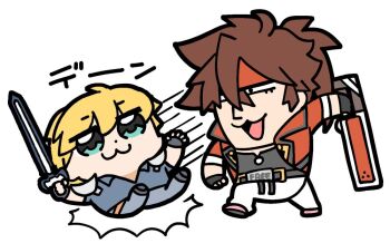 Rule 34 | 2boys, :3, :d, aqua eyes, bkub, black gloves, blonde hair, blue pants, blue shirt, brown hair, chibi, chibi only, closed mouth, commentary, dot nose, fingerless gloves, gloves, guilty gear, guilty gear strive, hair between eyes, headband, holding, holding sword, holding weapon, jacket, ky kiske, male focus, multiple boys, open clothes, open jacket, open mouth, pants, red headband, red jacket, shirt, short hair, simple background, smile, sol badguy, sword, throwing, throwing person, translation request, weapon, white background, white pants