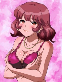 absurdres blush bone bra breast_lift breasts brown_eyes collarbone earrings gold_necklace highres idolmaster idolmaster_million_live! idolmaster_million_live!_theater_days jewelry lipstick makeup mature_female medium_breasts medium_hair necklace nonohara_akane's_mother red_bra red_hair ring simple_background smile underwear vzmk2 wavy_hair wedding_ring