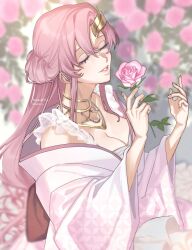 Rule 34 | 1girl, blurry, blurry background, breasts, cleavage, closed eyes, flower, gundam, gundam seed, gundam seed destiny, gundam seed freedom, hair ornament, half updo, highres, holding, holding flower, japanese clothes, jewelry, kimono, lacus clyne, long hair, necklace, pink flower, pink hair, pink kimono, pink rose, ripito p, rose, smile, solo
