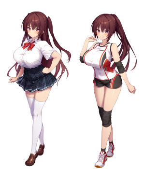 1girl absurdres artist_request black_shorts bow bowtie breasts brown_hair brown_shoes closed_mouth collared_shirt commentary_request covered_navel elbow_pads full_body hand_on_own_hip hand_up highres huge_breasts knee_pads loafers long_hair multiple_views original plaid_clothes plaid_skirt pleated_skirt ponytail red_bow red_bowtie second-party_source shinki_itten shirt shirt_tucked_in shoes short_shorts shorts simple_background skirt sleeveless sleeveless_shirt smile sportswear standing thighhighs two_side_up very_long_hair volleyball_uniform white_background white_shirt white_shoes white_thighhighs zettai_ryouiki