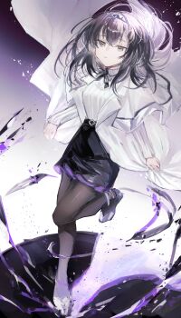 1girl absurdres arknights black_hair black_hairband black_shoes black_skirt bright_pupils brown_pantyhose coat commentary_request floating_hair fumi_(rdbm) grey_eyes hairband highres holding holding_coat holding_unworn_clothes lab_coat long_sleeves medium_hair miniskirt open_clothes open_coat pantyhose partial_commentary pencil_skirt priestess_(arknights) shoes skirt solo sweater turtleneck turtleneck_sweater unworn_coat white_coat white_pupils white_sweater