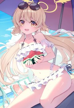 Rule 34 | 1girl, absurdres, ajeu914, beach umbrella, bikini, blue archive, brown hair, collarbone, eyewear on head, food, frilled bikini, frills, fruit, hair ornament, halo, hifumi (blue archive), hifumi (swimsuit) (blue archive), highres, holding, holding food, holding fruit, long hair, low twintails, off-shoulder bikini, off shoulder, official alternate costume, revision, ribbon-trimmed bikini, ribbon-trimmed swimsuit, ribbon trim, round eyewear, seiza, side-tie bikini bottom, sitting, solo, sunglasses, swimsuit, twintails, umbrella, watermelon, white bikini, wing hair ornament, winged halo, yellow halo