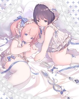 Rule 34 | 2girls, babydoll, bare arms, bed, blue bow, blue eyes, blue ribbon, border, bow, brown eyes, brown hair, closed mouth, commentary request, dress, final fantasy, final fantasy xiv, fork, frilled babydoll, frilled hairband, frilled skirt, frilled socks, frills, hair bow, hairband, headscarf, highres, kneeling, lace, lace border, lalafell, looking at viewer, lying, multiple girls, multiple hair bows, navel, on bed, on side, original, ornate border, parted lips, pillow, pink hair, pointy ears, ribbon, short hair, sidelocks, skirt, smkkkk, socks, spoon, thighhighs, twintails, warrior of light (ff14), white babydoll, white dress, white headscarf, white skirt, white socks, white thighhighs