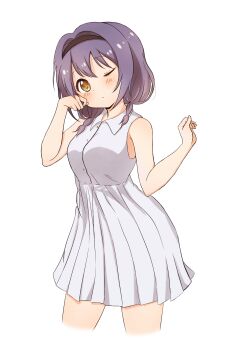 1girl bare_arms black_hairband blue_hair blush braid breasts commentary_request cowboy_shot dress furutani_himawari hair_intakes hair_ornament hairband hand_on_own_cheek hand_on_own_face hands_up head_tilt highres long_shirt looking_at_viewer low_twin_braids medium_breasts medium_hair minatsuki_hitoka one_eye_closed short_dress simple_background sleeveless sleeveless_dress solo sundress twin_braids white_background yellow_eyes yuruyuri