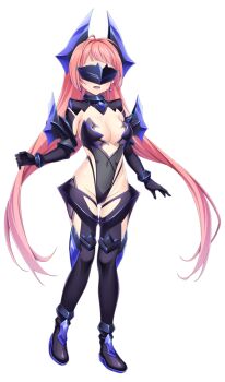 1girl ahoge avalatia_aqua black_gloves black_leotard boots breasts chest_jewel cleavage covered_eyes covered_navel earrings elbow_gloves full_body game_cg gloves head-mounted_display highleg highleg_leotard horns jewelry kamitsurugi_ouka kouyoku_senki_exs-tia_concert kunijima_chiaki large_breasts large_variant_set leotard long_hair non-web_source official_art open_mouth pink_hair solo standing strapless tachi-e thigh_boots thighhighs transparent_background variant_set very_long_hair