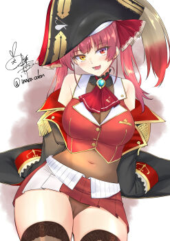 1girl arrow_through_heart ascot bicorne black_hat black_jacket breasts cameltoe commentary_request epaulettes hat heart highres hololive houshou_marine inaba_oden jacket long_hair microskirt navel open_clothes open_jacket open_mouth red_ascot red_eyes red_hair red_skirt see-through_cleavage see-through_clothes signature sitting skirt smile solo thighhighs thighs twitter_username virtual_youtuber yellow_eyes