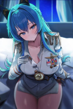 Rule 34 | 1girl, absurdres, bed sheet, belt, blance, blue eyes, blue hair, blurry, blurry background, breasts, cleavage, commentary, compass, curtains, epaulettes, gloves, goddess of victory: nikke, helm (nikke), highres, indoors, large breasts, looking at viewer, military uniform, night, parted lips, sheet grab, sitting, solo, thighs, white belt, white gloves, window