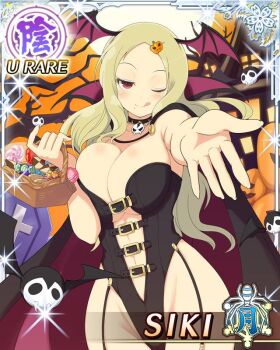 1girl :q bare_tree bat_(animal) black_cape black_choker black_leotard blonde_hair border breast_press breasts cape card_(medium) character_name choker cleavage closed_mouth full_moon game_cg garter_straps groin halloween halloween_bucket halloween_costume highleg highleg_leotard jack-o'-lantern large_breasts leotard long_hair looking_at_viewer middle_part mole mole_under_mouth moon official_art one_eye_closed orange_sky outdoors outstretched_arm parted_bangs reaching reaching_towards_viewer red_eyes senran_kagura senran_kagura_new_wave shiki_(senran_kagura) sky smile solo third-party_source tongue tongue_out tree vampire_costume