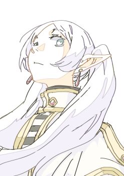 1girl :/ capelet earrings frieren gaihan_umeboshi_mitchell green_eyes hair_over_shoulder head_back highres jewelry long_hair long_pointy_ears looking_at_viewer making-of_available parted_bangs pointy_ears shirt simple_background sketch solo sousou_no_frieren striped_clothes striped_shirt teardrop_earrings twintails upper_body upward_angle_frieren_drawing white_background white_hair wide-eyed