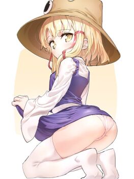 1girl :o ass blonde_hair blush clothes_lift from_behind hat kneeling legs loli long_sleeves looking_at_viewer looking_back medium_hair moriya_suwako no_shoes panties polpol purple_skirt purple_vest pyonta shirt sidelocks skirt skirt_lift solo sweatdrop thighhighs thighs touhou underwear vest white_panties white_shirt white_thighhighs yellow_eyes