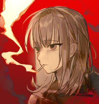1girl black_shirt bob_cut brown_eyes brown_hair character_request check_character chinese_commentary cigarette commentary_request expressionless highres medium_hair portrait red_background shirt shui_ji_xing smoke smoking solo straight_hair sweet_home_(chinese_game) tsurime zhao_ying