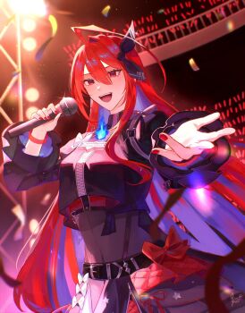 1girl ahoge belt belt_buckle black_belt black_bow black_jacket black_skirt blue_fire blue_hair blunt_bangs bow breasts buckle colored_inner_hair commentary concert cropped_jacket elizabeth_rose_bloodflame fingernails fire fire_on_chest glint glowstick hair_between_eyes hair_bow highres holding holding_microphone hololive hololive_english hololive_idol_uniform_(color_rise) huge_ahoge jacket long_hair looking_at_viewer microphone multicolored_hair music official_alternate_color official_alternate_costume open_mouth overskirt paw_chie penlight_(glowstick) pleated_sleeves reaching reaching_towards_viewer red_eyes red_hair red_nails see-through_clothes see-through_midriff singing single_hair_intake skirt smile solo stage stage_lights teeth upper_teeth_only very_long_hair virtual_youtuber waist_bow wide_sleeves wristband zipper