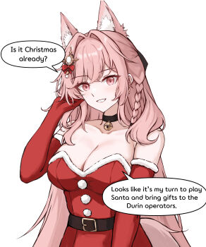 1girl :d absurdres alternate_costume animal_ear_fluff animal_ears arknights bare_shoulders bell belt belt_buckle black_belt black_choker bow braid breasts buckle choker christmas cleavage commentary crossed_bangs dress elbow_gloves english_commentary english_text fur-trimmed_dress fur-trimmed_gloves fur_trim gloves gongbangmanchi_(daisy_cutter) grin hair_bow hair_intakes hair_ornament hand_in_own_hair highres jingle_bell large_breasts long_hair looking_at_viewer neck_bell open_mouth pink_eyes pink_hair pozyomka_(arknights) red_bow red_dress red_gloves santa_costume santa_dress simple_background smile solo speech_bubble strapless strapless_dress upper_body variant_set white_background