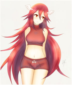 1girl armor armpit_crease arms_behind_back bare_arms bare_legs boyshort_panties bra breasts broken_armor cordelia_(fire_emblem) embarrassed eyelashes feather_hair_ornament female_focus fire_emblem fire_emblem_warriors gameplay_mechanics groin hair_between_eyes hair_ornament highres legs legs_together light_blush long_hair looking_to_the_side matching_hair/eyes matching_underwear medium_breasts midriff navel nintendo official_alternate_costume official_underwear panties raydango red_bra red_eyes red_hair red_panties sidelocks signature simple_background sports_bra standing stomach thighs underwear underwear_only unworn_clothes very_long_hair white_background