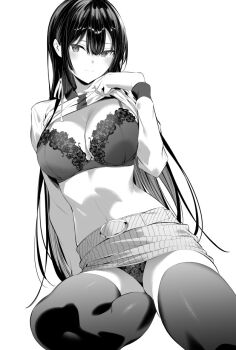 1girl blunt_bangs blush bra breasts cleavage closed_mouth clothes_lift greyscale hair_between_eyes hair_ribbon haite_kudasai_takamine-san hiiragi_yuuichi lace lace-trimmed_bra lace-trimmed_panties lace_trim large_breasts lifting_own_clothes long_hair long_sleeves looking_at_viewer midriff monochrome navel panties ribbon shirt shirt_lift simple_background sitting skirt smile solo takamine_takane thighhighs thighs underwear very_long_hair white_background