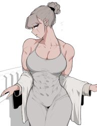 Rule 34 | 1girl, abs, breasts, cleavage, dress, earphones, grey dress, grey eyes, hair bun, highres, jacket, large breasts, looking at viewer, muscular, muscular female, oddsnail, original, scar, scar on face, solo, tight clothes, tight dress, white background