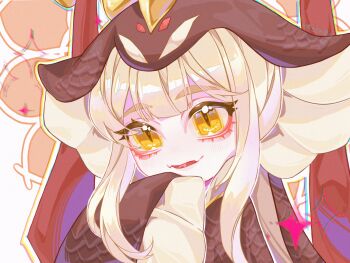 Rule 34 | 1girl, absurdres, blonde hair, cookie run, fangs, fengjy20011201, highres, long sleeves, medium hair, sleeves past wrists, slit pupils, smile, snake fruit cookie, snake hood, solo, tagme, yellow eyes
