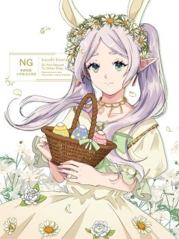 1girl animal_ears basket commentary_request dress_flower earrings easter_egg egg elf falling_petals flower frieren gold_choker grey_hair head_wreath holding holding_basket jewelry kizuka2020 light_smile long_hair parted_bangs petals pointy_ears puffy_short_sleeves puffy_sleeves rabbit_ears short_sleeves solo sousou_no_frieren thick_eyebrows twintails upper_body white_background