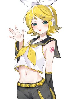 1girl aqua_eyes arm_behind_back bare_shoulders belt black_sailor_collar black_shorts blonde_hair bow breasts commentary_request detached_sleeves hair_bow hair_ornament hairclip headphones highres kagamine_rin looking_at_viewer navel neckerchief number_tattoo parallel_hairclips sailor_collar sekir1zkr shirt short_hair shorts simple_background small_breasts tattoo tongue tongue_out vocaloid white_background white_bow white_shirt yellow_belt yellow_neckerchief yellow_trim