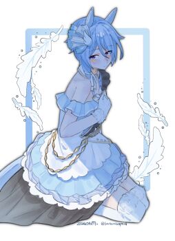 Rule 34 | 1girl, animal ears, bare shoulders, blue dress, blue eyes, blue hair, blue skirt, blush, breasts, closed mouth, commentary request, dress, gloves, hair between eyes, hair ornament, hand on own chest, highres, horse ears, horse girl, horse tail, k.s.miracle (umamusume), off-shoulder dress, off shoulder, saramiao-chan, seiza, short hair, sitting, skirt, solo, tail, thighhighs, umamusume, white dress, white gloves, white thighhighs