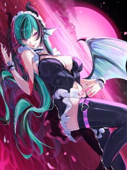 1girl absurdres black_choker black_dress black_streaks black_thighhighs breasts choker closed_mouth clothing_cutout commentary cowboy_shot curvy demon_girl demon_horns demon_wings dress dutch_angle english_commentary finana_ryugu finana_ryugu_(jirai_kei) fingernails fins fish_girl frilled_choker frilled_dress frilled_wrist_cuffs frills green_hair hand_up head_fins heart heart_o-ring heart_tattoo highres horns large_breasts long_hair looking_at_viewer lying lying_on_water maid_headdress moon multicolored_hair nail_polish navel night nijisanji nijisanji_en no_hair_ornament nrnmarie o-ring o-ring_thigh_strap official_alternate_costume official_alternate_hairstyle on_back on_liquid outdoors parted_bangs petals pink_background pink_moon pubic_tattoo purple_eyes purple_nails short_dress skindentation sleeveless sleeveless_dress solo stomach_cutout streaked_hair tattoo thick_thighs thigh_strap thighhighs thighs tongue tongue_out virtual_youtuber winged_heart winged_heart_tattoo wings wrist_cuffs