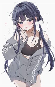 1girl black_hair black_sports_bra blue_eyes breasts choppy_bangs cleavage commentary_request cowboy_shot grey_jacket hair_ornament hand_up heart highres jacket large_breasts long_hair long_sleeves no_pants off_shoulder open_mouth original partially_unzipped pom_pom_(clothes) pom_pom_hair_ornament raised_inner_eyebrows simple_background sleeves_past_wrists small_sweatdrop solo sports_bra standing translation_request twintails uiri-na white_background