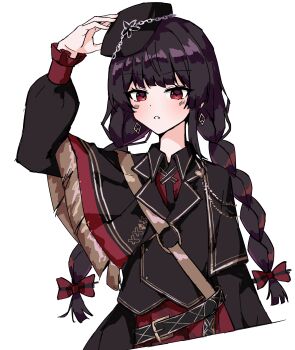 1girl absurdres arm_up black_capelet black_hair black_hat black_jacket black_skirt bow braid capelet cowboy_shot earrings hair_bow haishin_shoujo_no_uraaka_meikyuu hand_on_headwear hat highres jacket jewelry long_hair long_sleeves looking_at_viewer mahou_shoujo_no_majo_saiban mini_hat nikaido_hiro otowac4t peaked_cap red_eyes simple_background skirt solo twin_braids white_background